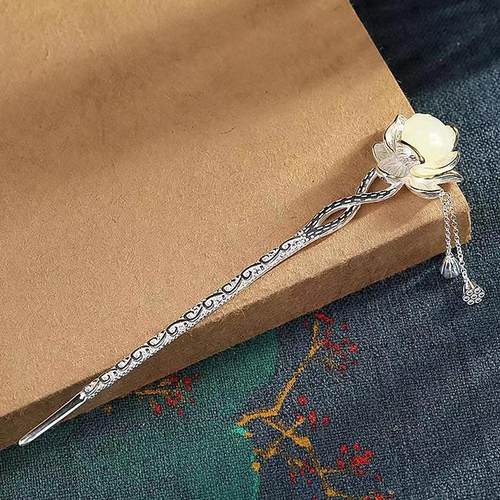 925银古风和田玉荷花笄礼发簪