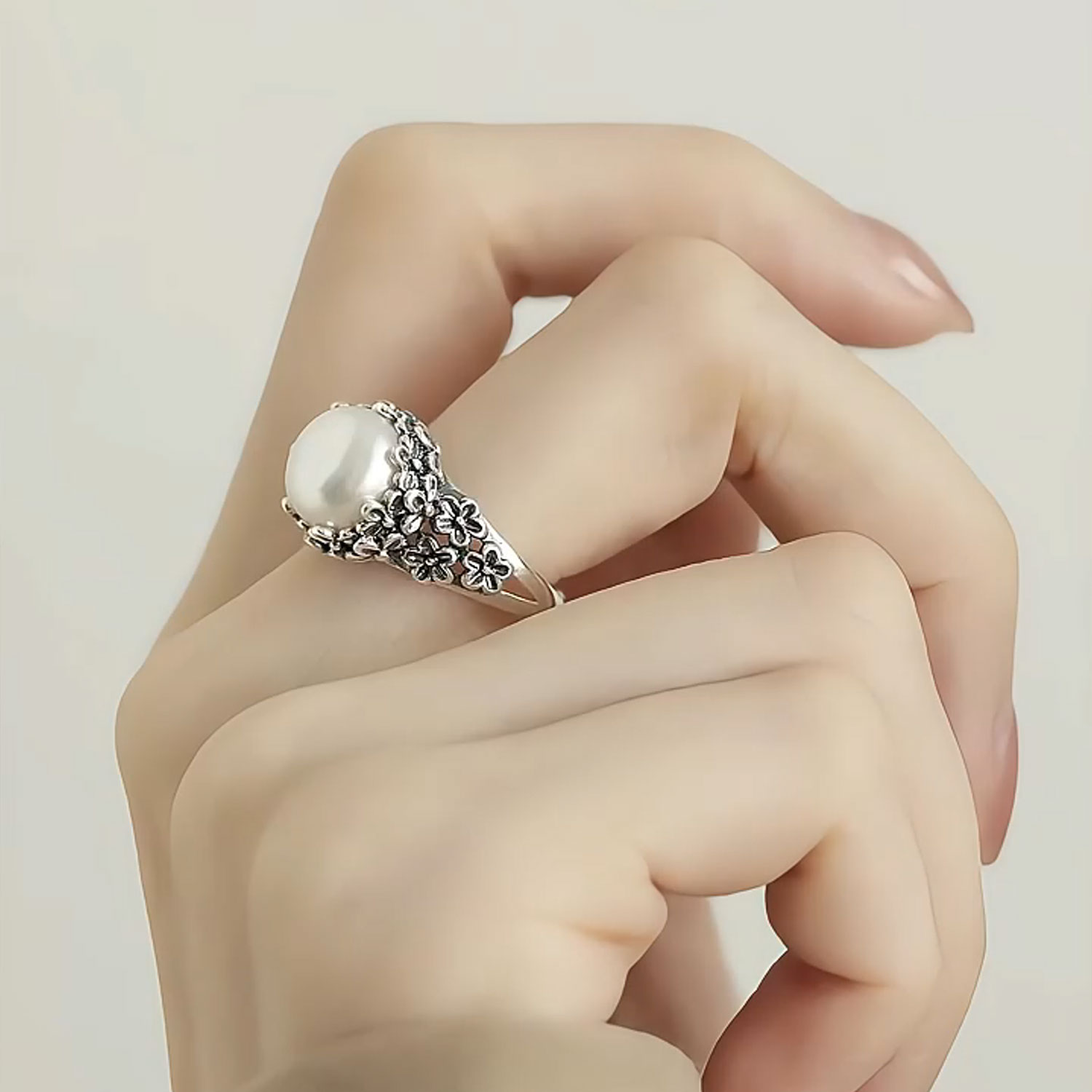 复古925银桃花珍珠花朵戒指女新中式民族风小众设计感活口指环