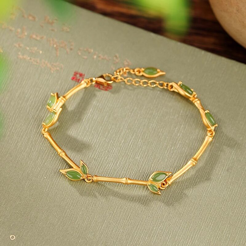 竹节新中式国风925银手链女生碧玉竹叶小众精致旗袍气质手饰手镯