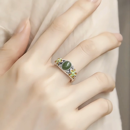 复古925银碧玉小花开口戒指女