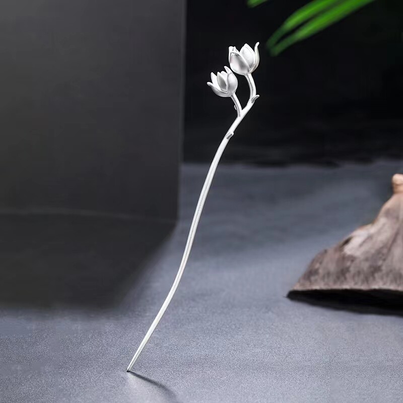 玉兰s925银磨砂花朵古风发簪