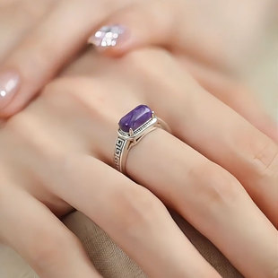 复古925银方形紫龙石马鞍戒女新中式国风回纹设计开口可调节戒指