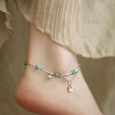 925银开运绿松石银弯管国风脚链