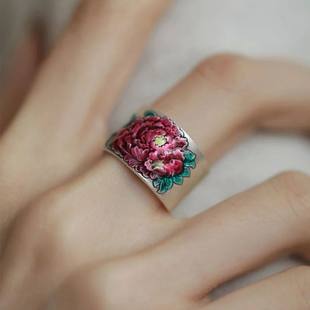 925银复古牡丹花开口戒指女新中式小众个性时尚可调节磨砂指环