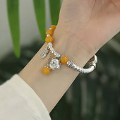 925银吉言暴富招财猫蜜蜡手链女新中式 复古国风弯管设计百搭手串