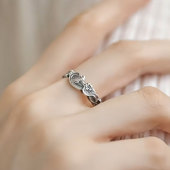 复古925银浮雕樱花小狐狸戒指新中式 女小众设计高级感开口食指戒