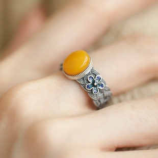 新款925银天然蜜蜡珐琅花朵活口女小众设计复古民族风高级感戒指
