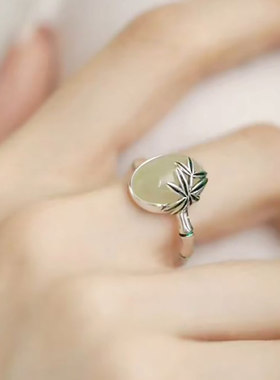 925银竹节和田玉气质开口戒指女