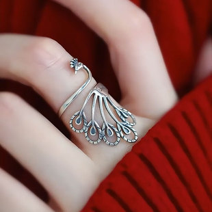 925银孔雀小凤凰戒指女新中式国风复古做旧小众设计感开口食指戒