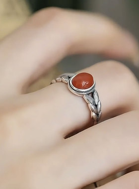 925银麦穗南红复古风开口戒指女