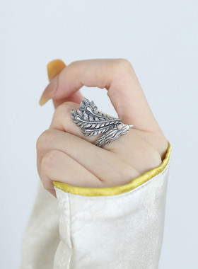 925银复古做旧凤凰开口戒指女