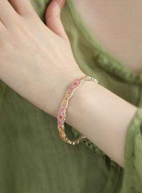 925银珐琅牡丹花新中式开口手镯