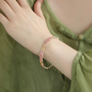 925银牡丹花新中式珐琅手镯女高级感小众设计气质百搭开口镯子