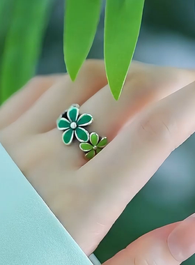 925银珐琅绿色小花朵开口食指戒