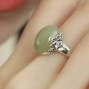 复古925银祥云蛋面戒指女新中式轻奢和田玉民族风小众开口食指戒