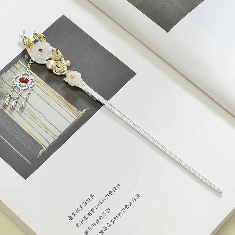 梅花古风s925银发簪和田玉