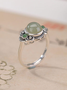 复古925银如意回纹蛋面开口戒指