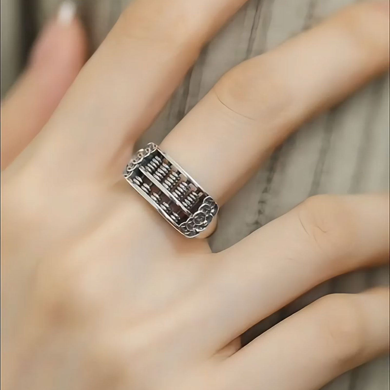 复古925银钱币算盘女可拔动戒指