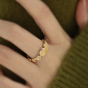 925银描金九尾狐戒指女新中式小众高级感浮雕桃花开口可调节指环