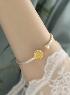 925银黄财神吉言描金开口手镯女