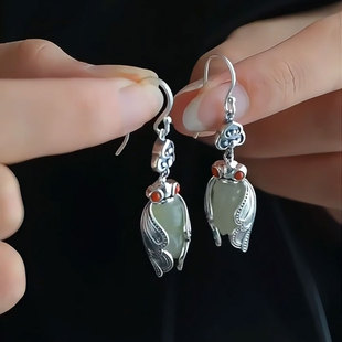 复古925银葫芦玉蝉耳环新中式民族风小众精致轻奢高级感耳饰女