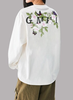 2025刺绣花卉美式春秋季白色圆领长袖T恤男高端时尚纯棉打底衫新