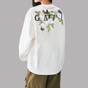 纯棉打底衫 2025刺绣花卉美式 T恤男高端时尚 白色圆领长袖 新 春秋季