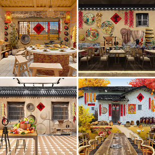 农家乐餐饮背景墙布土特产东北风格五谷丰壁纸画直播间登直播背景布3d立体场景布置高级感饭店火锅农村土墙