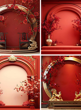 红色新款新年古风新中式直播背景布3d立体背景墙中国风带货定制直播幕布高端日用百货温馨氛围感挂布