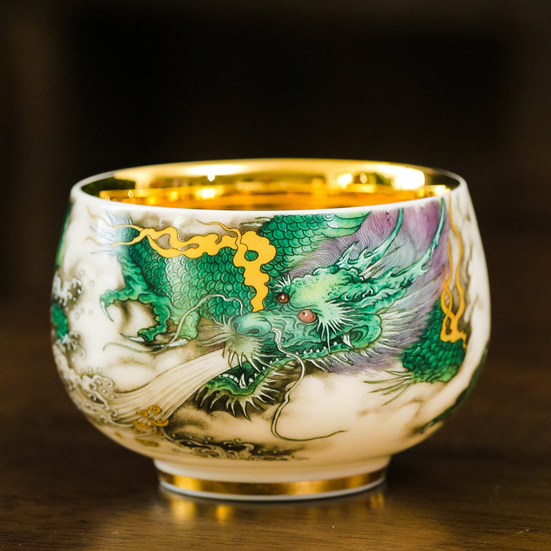 神兽青龙 鎏金主人杯个人专用高档纯金茶杯盏碗陶瓷品茗杯礼盒装