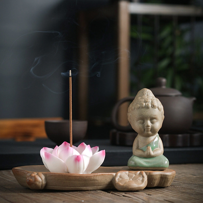 莲花接灰碟中式陶瓷香拖手作莲花香盘简约香座禅意小和尚香道摆件