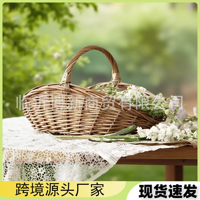 柳编复古插花花篮草编藤编手提篮田园编织水果收纳篮子蔬菜收纳筐