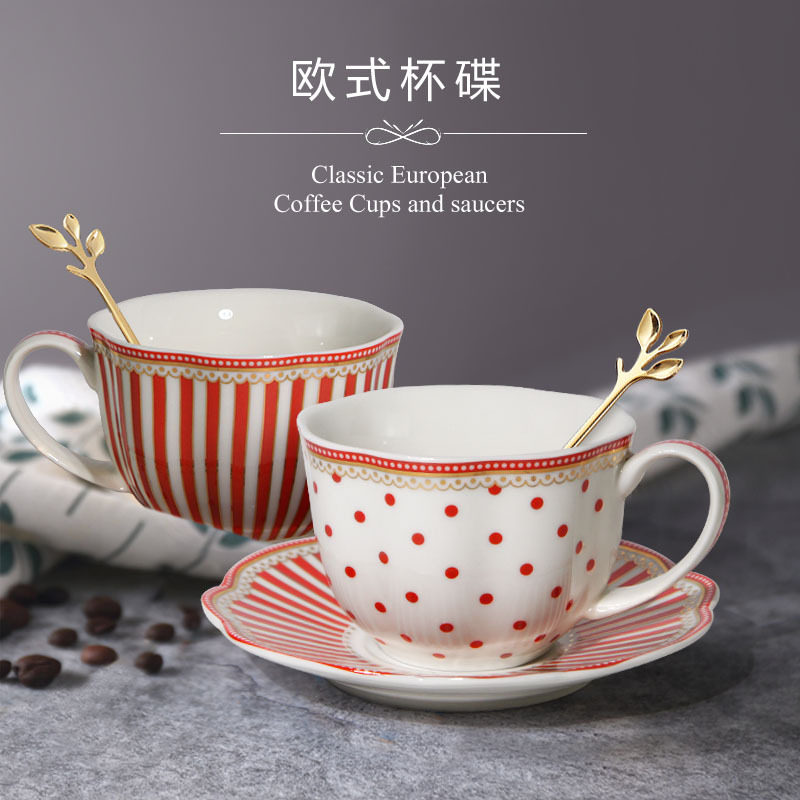 欧式条纹陶瓷咖啡杯碟套装家用下午茶小花茶法式点心杯礼品杯碟