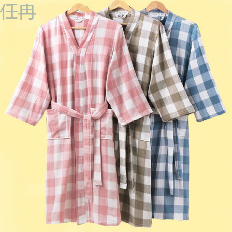 xKW纯棉双层纱布薄浴袍夏季浴衣情侣春夏秋吸水男女汗蒸服睡袍