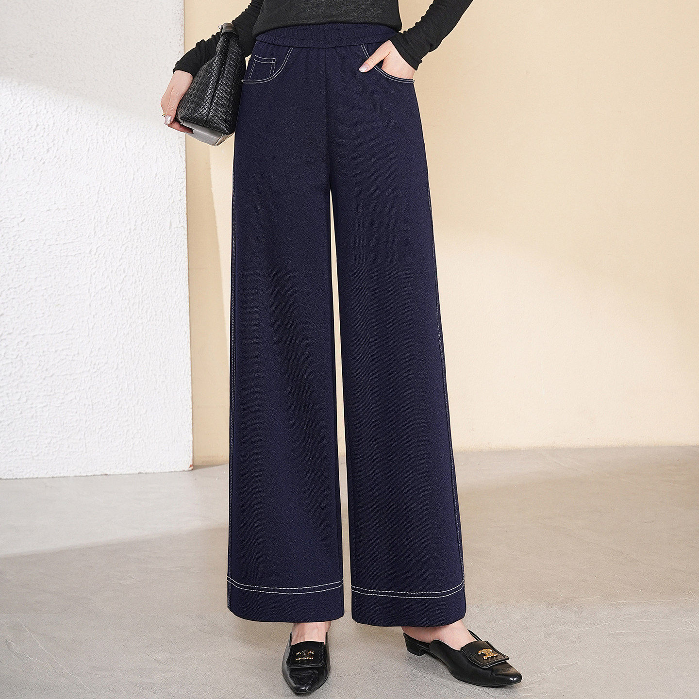 喜卉妈妈春装裤子洋气松紧腰牛仔裤中老年女装高腰直筒长裤母亲节