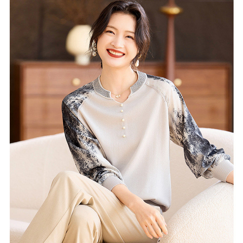 喜卉妈妈春装纱袖针织上衣服洋气减龄中老年女装春秋薄款打底小衫