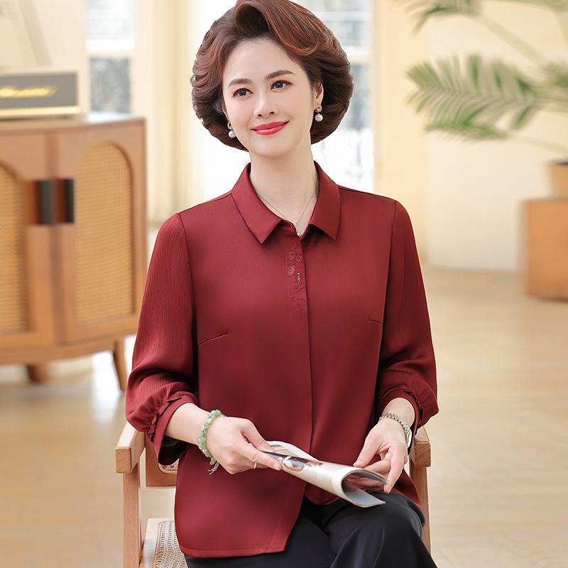 纯色中年妈妈夏装桑蚕丝衬衫女两件套时尚大尺码重磅真丝翻领上衣