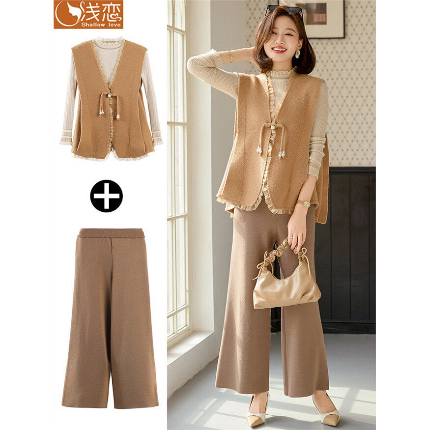 妈妈洋气高贵针织上衣中年女春秋装新中式马甲中老年长袖三件套装