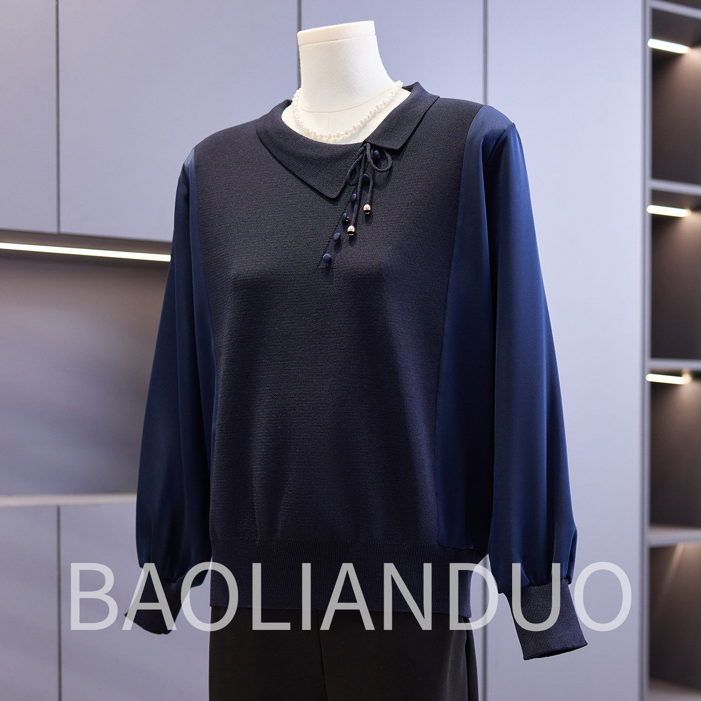 气质妈妈春装拼接针织衫中年女装新款纱袖上衣中老年洋气打底小衫