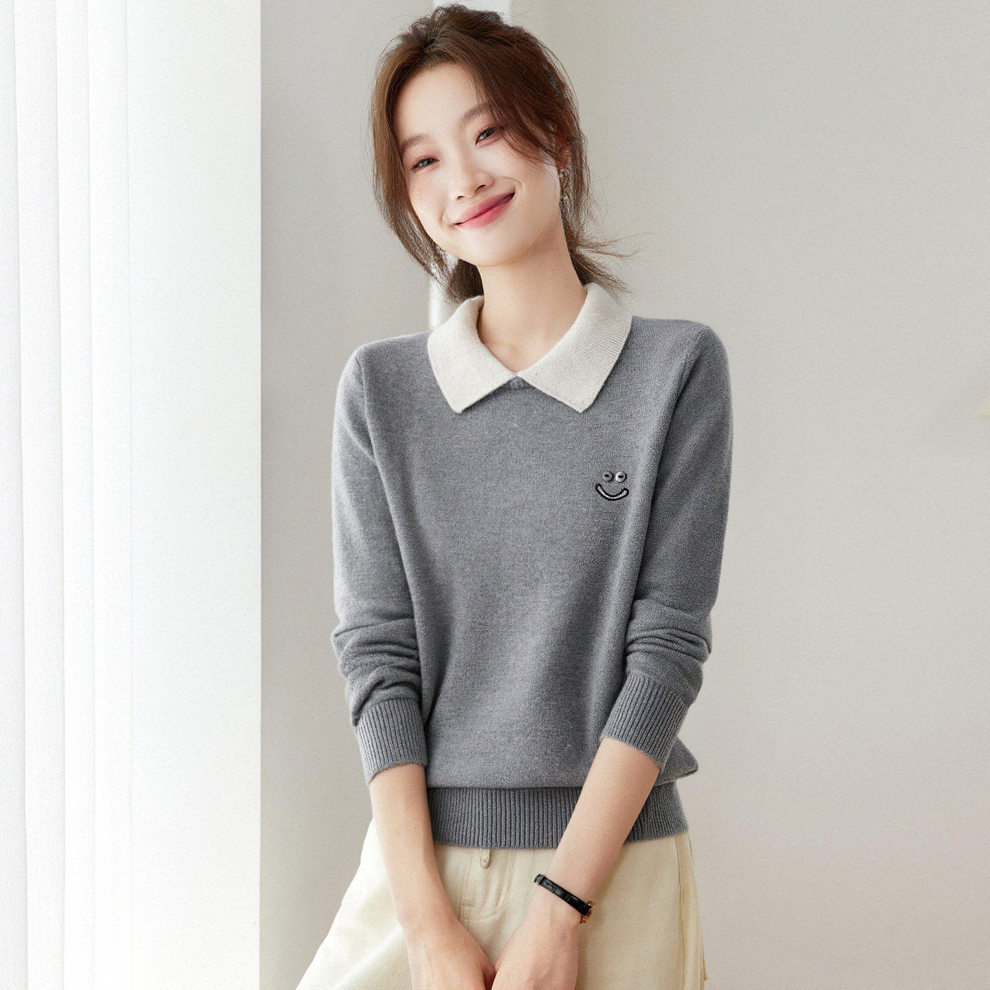 学院风polo翻领针织衫女秋冬季撞色内搭软糯娃娃领毛衣打底衫外穿