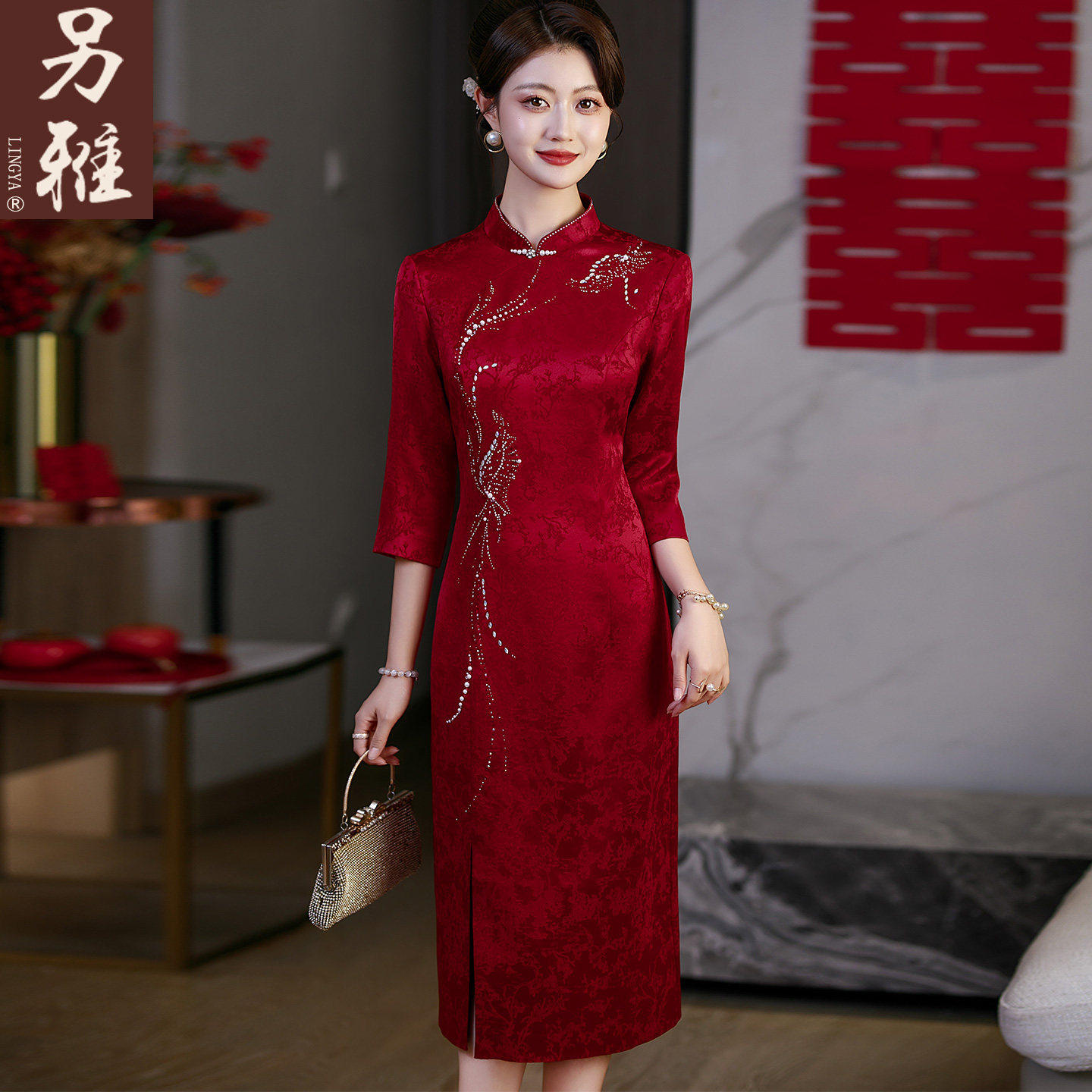 婚礼妈妈高定旗袍喜服醋酸礼服长裙喜婆婆婚宴手工钉珠绣花洋装