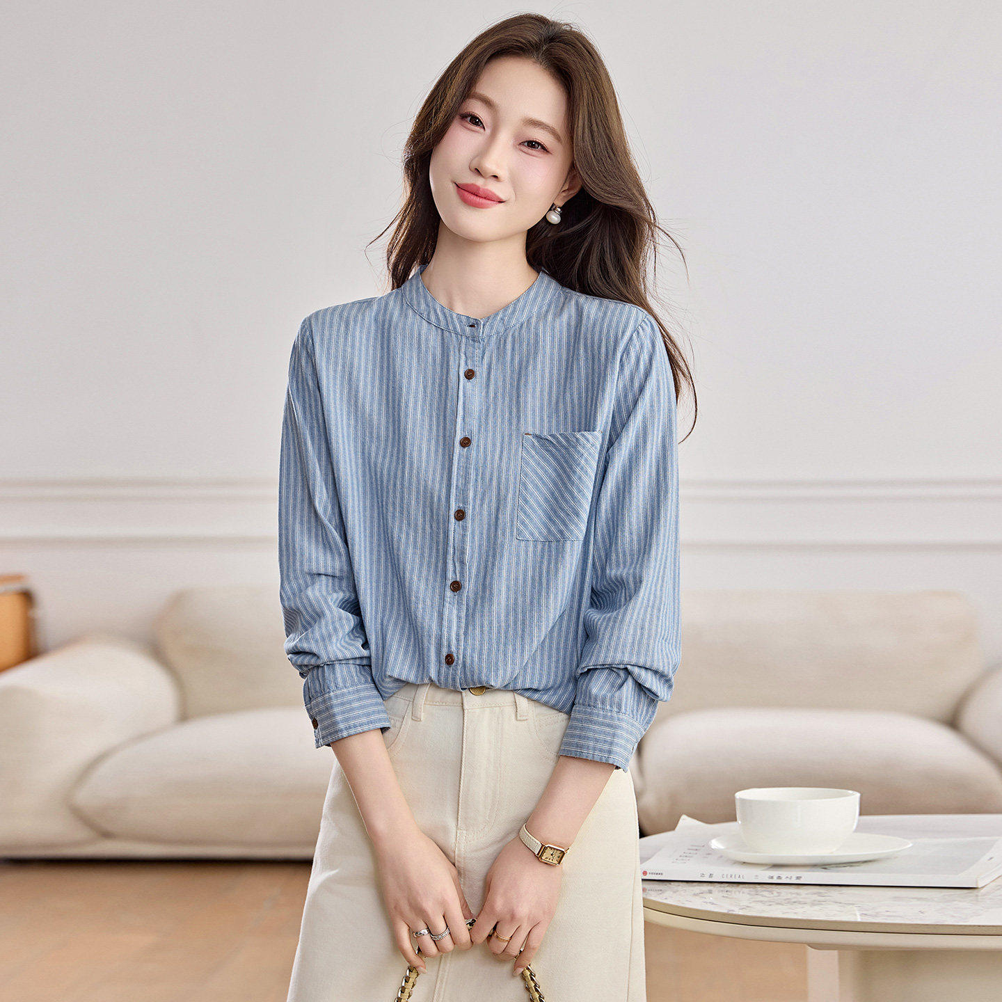 法式立领纯棉竖条纹长袖衬衫女春秋宽松显瘦高级感休闲小个子衬衣