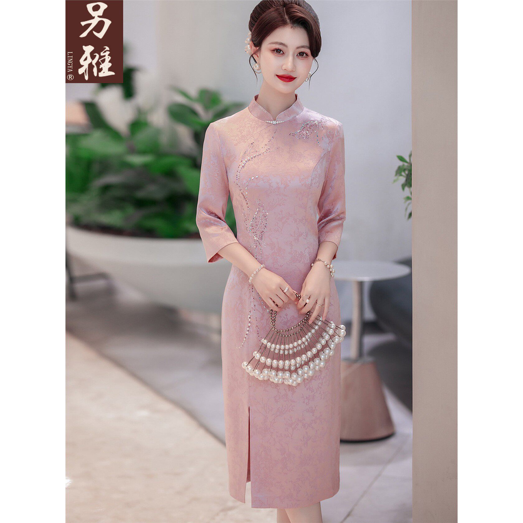 结婚宴喜婆婆高定醋酸连衣裙中式婚礼妈妈改良旗袍手工钉珠礼服裙