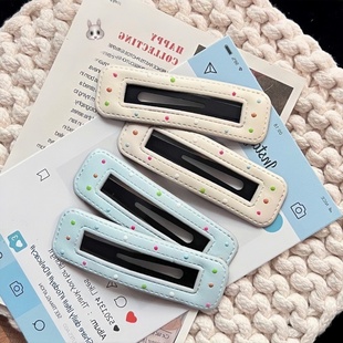 韩式 奶油皮质彩色波点发夹BB金属一字夹侧边夹百搭耐看头饰夹子女