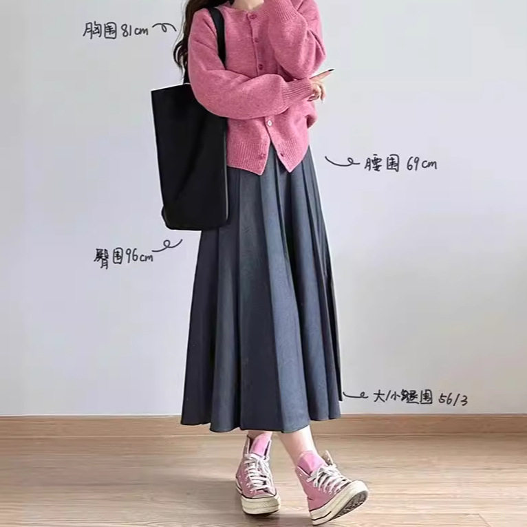 灰色半身裙春秋新款大码胖mm高腰a字百褶裙遮胯+针织衫两件套装