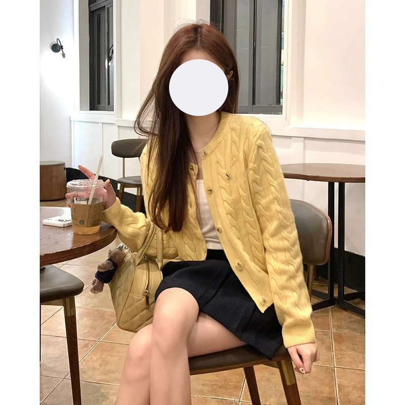 黄色短款麻花针织开衫女春秋外搭慵懒风软糯宽松秋季毛衣外套上衣