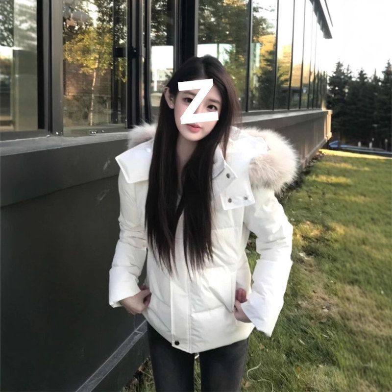 韩系白色羽绒棉服女2025秋冬新款短款修身外套收腰可拆卸毛领棉袄