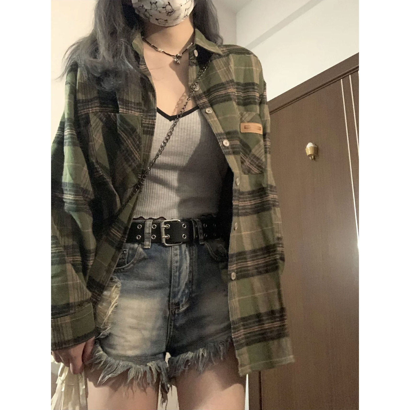绿色vintage格子衬衫男长袖美式复古衬衣设计感小众秋季情侣外套