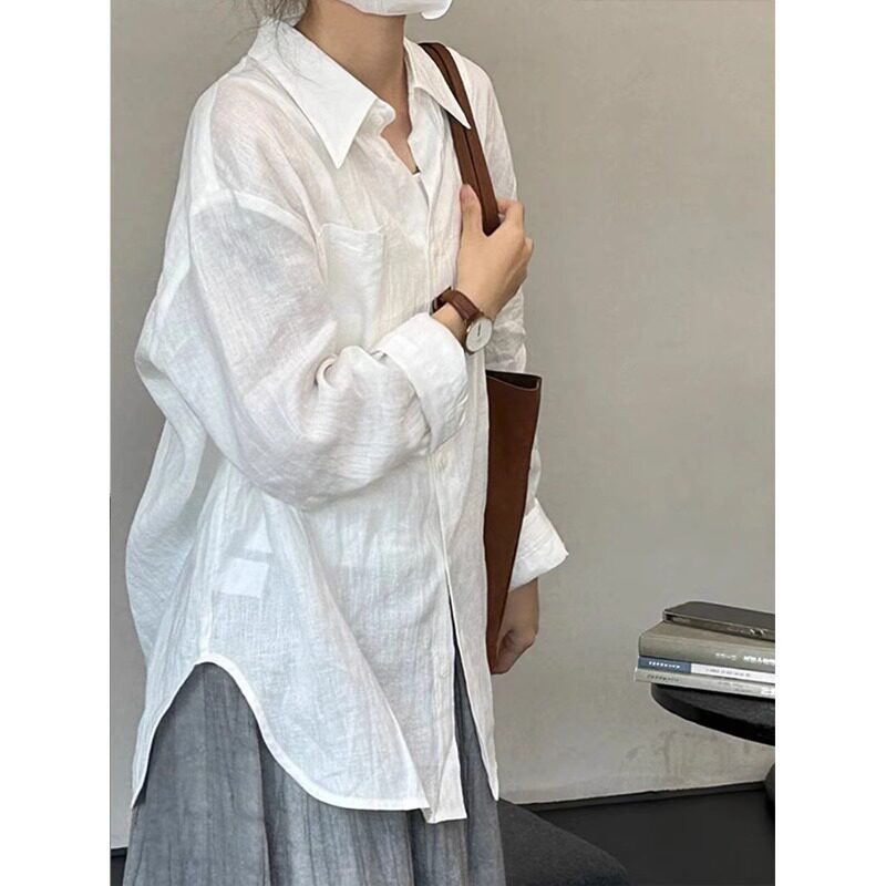 白色亚麻防晒衬衫2024新款女夏季慵懒风棉麻长袖衬衣法式独特上衣