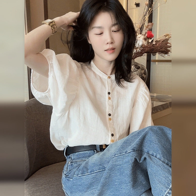 白色短袖衬衫女夏季2024新款薄款休闲宽松衬衣显瘦泡泡袖短款上衣